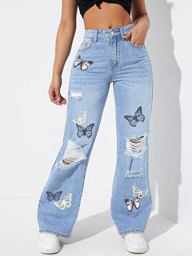 EZwear Jeans De Patron De Mariposa Con Efecto Desgastado Para Mujer