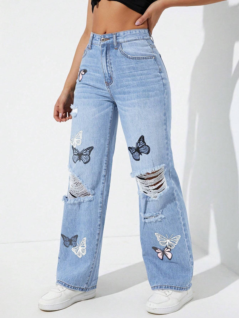 EZwear Jeans De Patron De Mariposa Con Efecto Desgastado Para Mujer