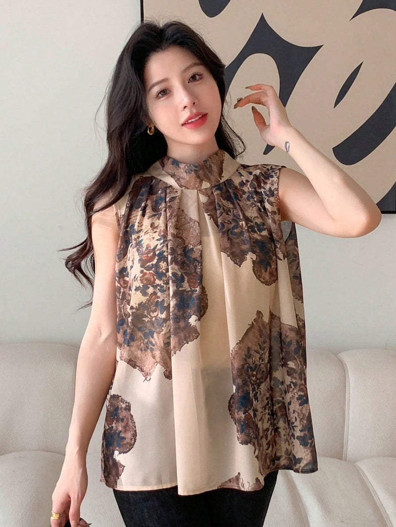 DAZY Blusa De Chifon Con Estampado Floral, Sin Hombros Y Con Cabestrillo