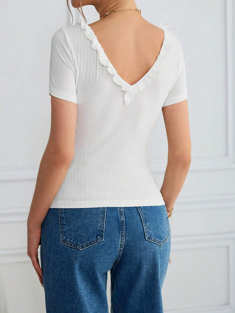 Camiseta Blanca Sin Espalda De Ocio De Verano Con Borde De Volantes Para Mujer