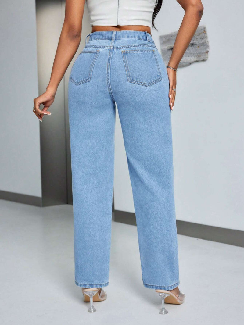 Pantalones Jeans De Pierna Recta Para Mujer Con Diseno Plisado