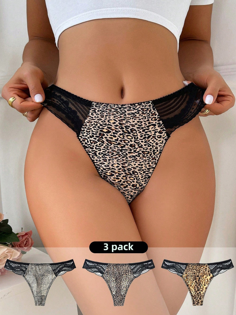 3 Unids/set Ropa Interior De Tanga Con Estampado De Leopardo De Encaje