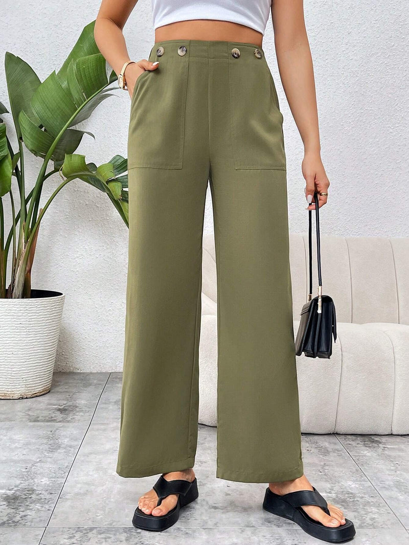 Essnce Pantalones Con Bolsillos Inclinados Decorados Con Botones Para El Viaje Diario