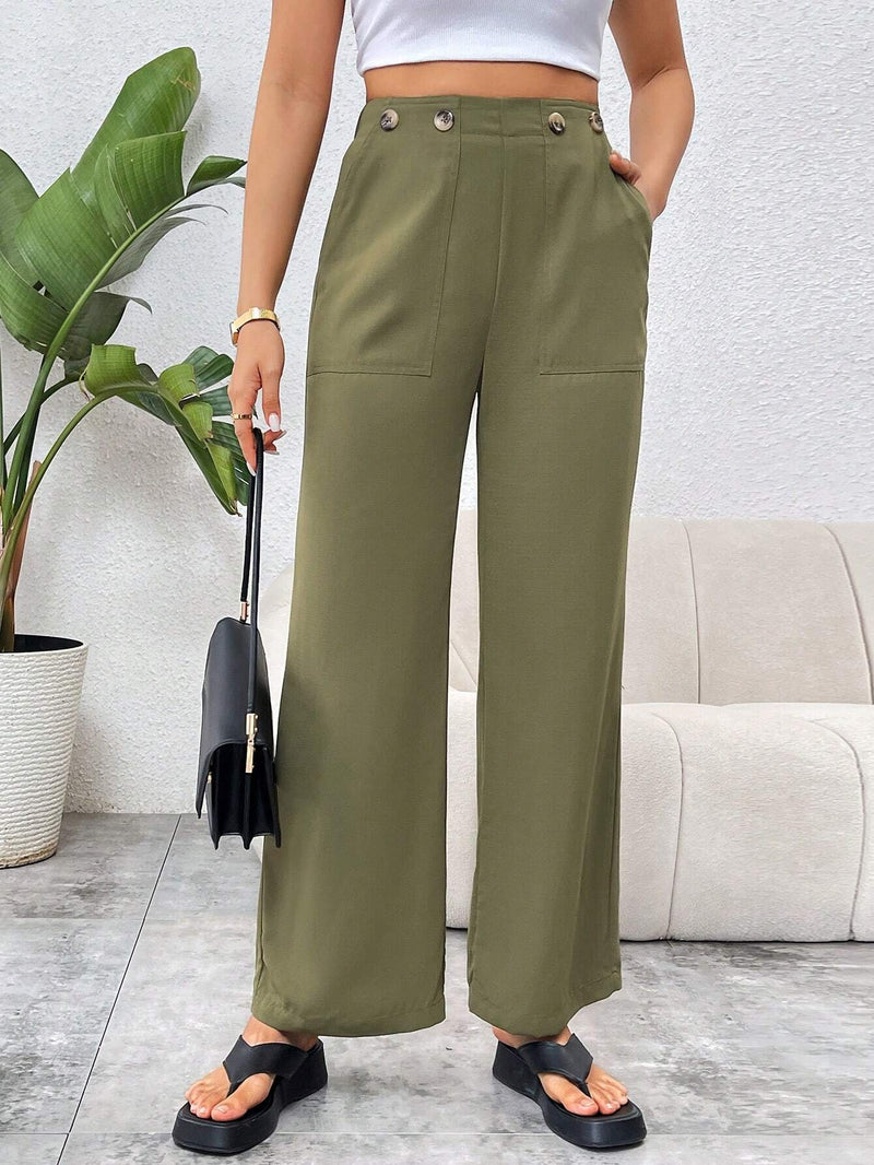 Essnce Pantalones Con Bolsillos Inclinados Decorados Con Botones Para El Viaje Diario