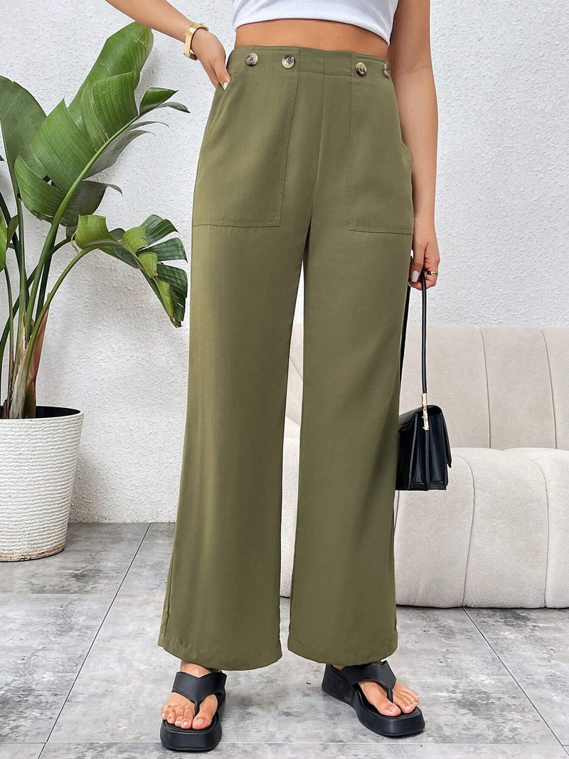 Essnce Pantalones Con Bolsillos Inclinados Decorados Con Botones Para El Viaje Diario