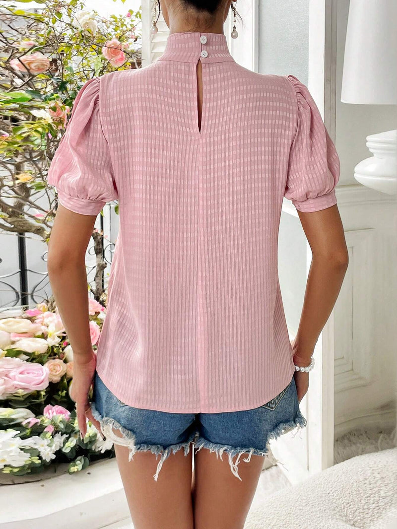 Blusa De Manga Abullonada Con Cuello Alto Retorcido