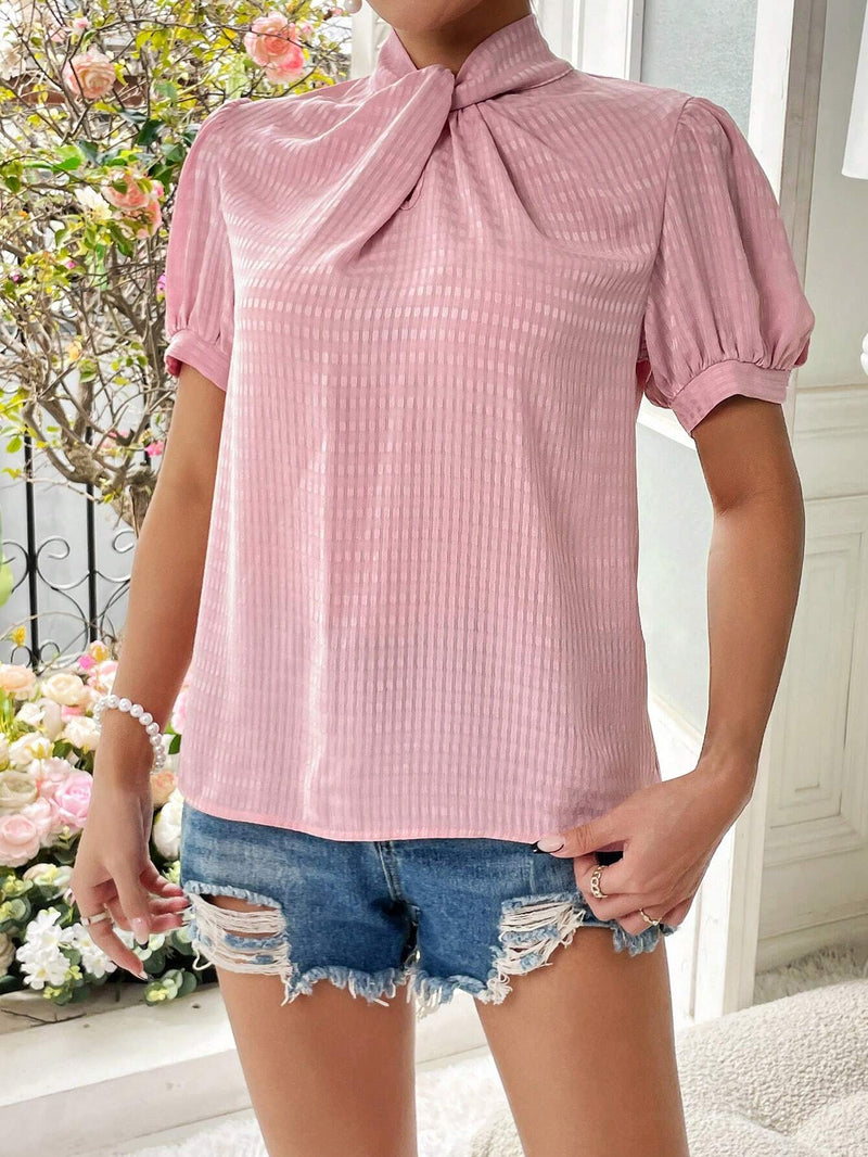 Blusa De Manga Abullonada Con Cuello Alto Retorcido