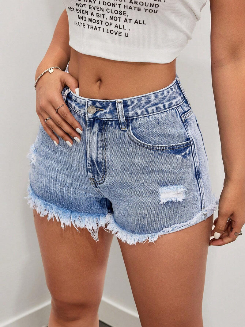 ICON Shorts De Mezclilla Lavados Con Dobladillo Deshilachado