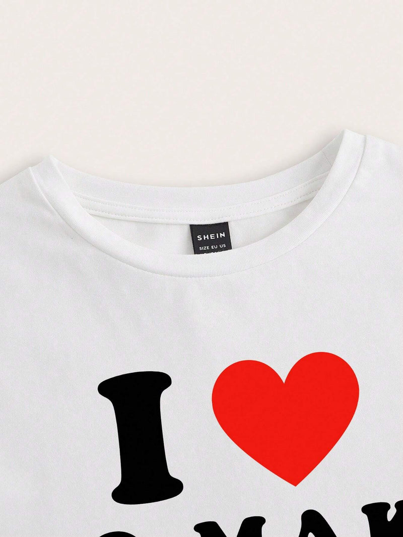 Camiseta roja de San Valentin con corazon romantico, eslogan impreso casual y sencillo 'Me gusta hacer que los chicos se averguencen' en cuello redondo de manga corta para mujer ajustada