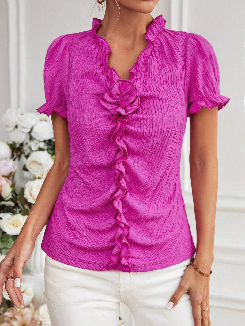 Frenchy Camiseta De Mujer Elegante Con Cuello En V Y Ribete De Volantes