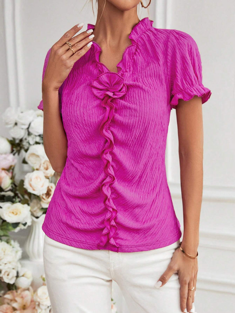 Frenchy Camiseta De Mujer Elegante Con Cuello En V Y Ribete De Volantes