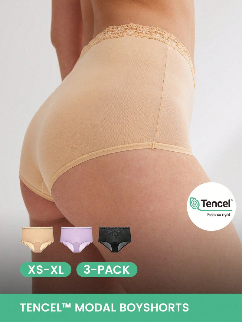 LUVLETTE Conjunto De 3 Panties Cortos De Cintura Alta Para Mujeres Con Encaje, Hechos De Modal