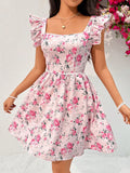 Wywh vestido de manga voladora corta con estampado floral para mujer