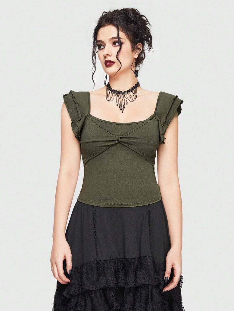 ROMWE Goth Camiseta De Mujer Con Nudo De Torcedura, Dobladillo De Volante Y Color Solido