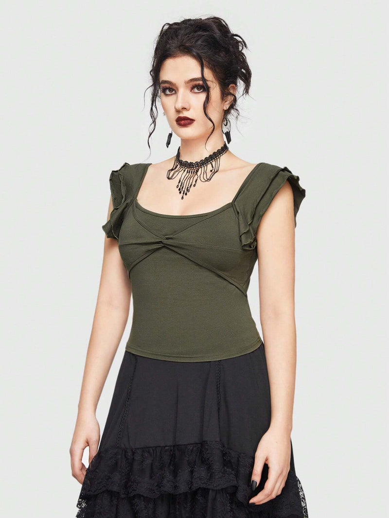 ROMWE Goth Camiseta De Mujer Con Nudo De Torcedura, Dobladillo De Volante Y Color Solido