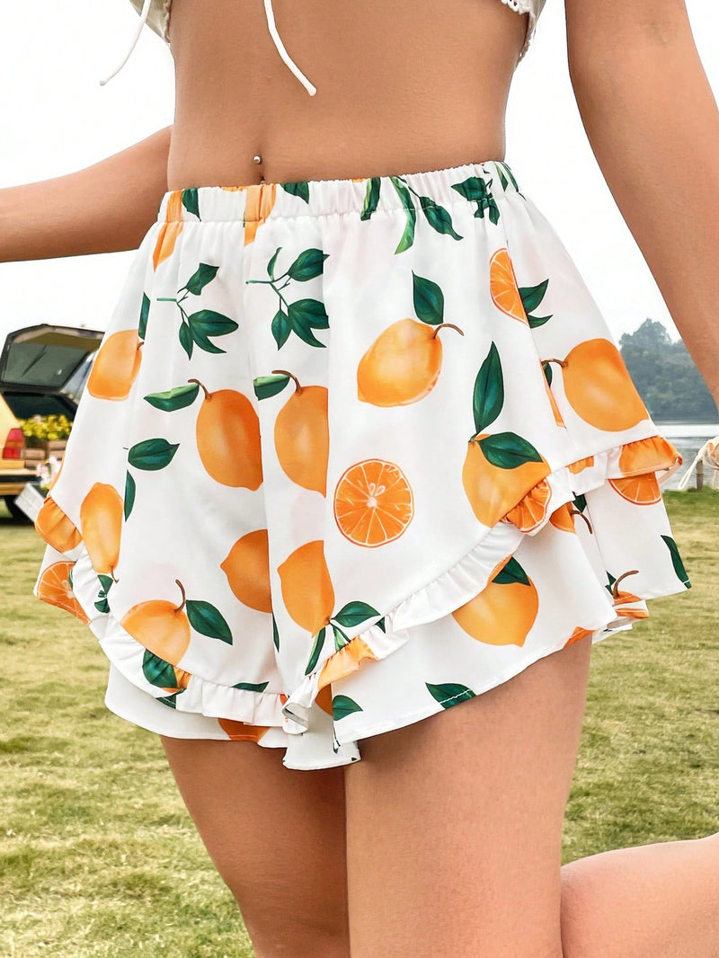 WYWH Shorts Con Dobladillo De Volantes Para Mujer Con Estampado De Frutas