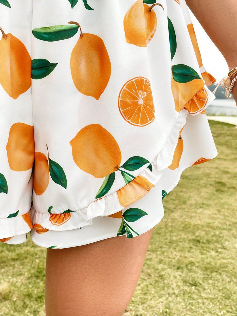 WYWH Shorts Con Dobladillo De Volantes Para Mujer Con Estampado De Frutas