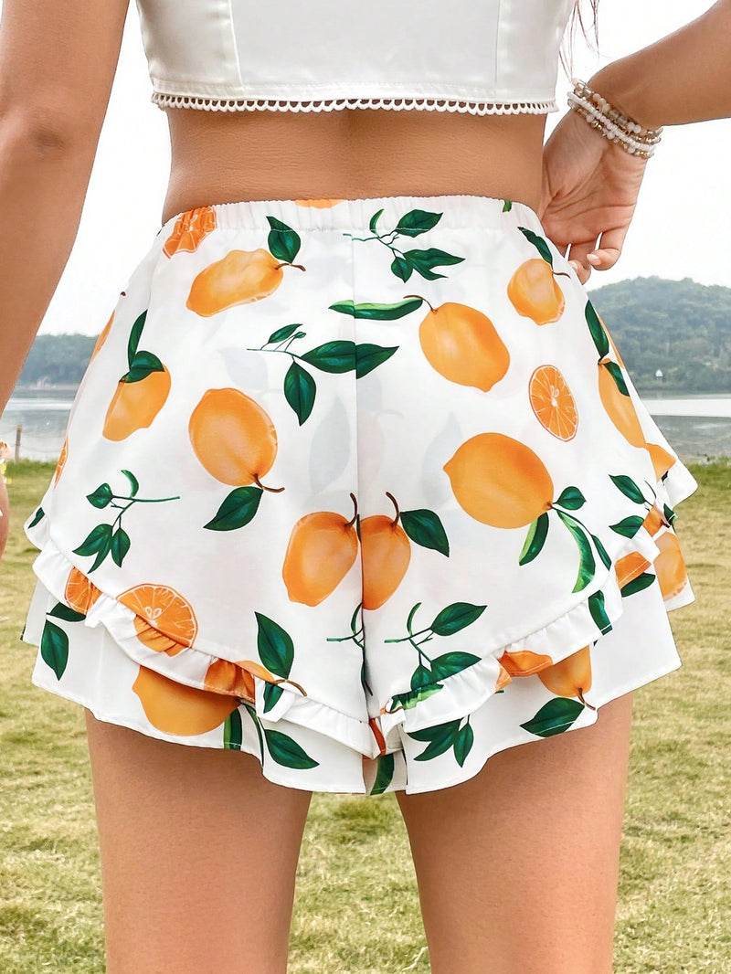 WYWH Shorts Con Dobladillo De Volantes Para Mujer Con Estampado De Frutas