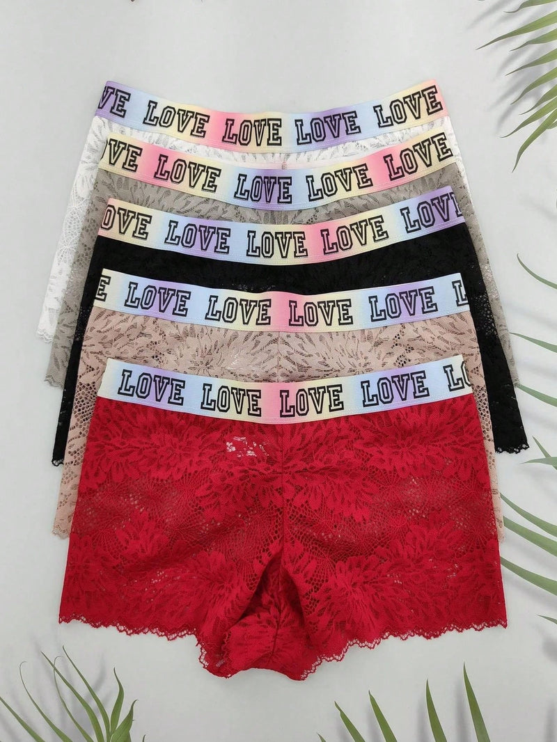 5 piezas pantys tipo boxer con estampado de letras para mujer, pantys de encaje floral comodos con ribete de encaje de concha