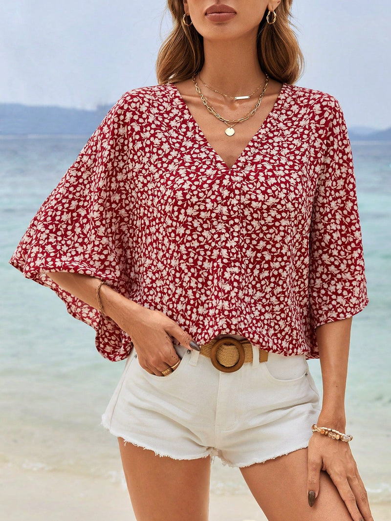 Frenchy Blusa Veraniega De Mangas Murcielago Con Estampado Floral Boho Chic, Cuello En V, Elegante Y Romantica, Ideal Para Vacaciones De Verano, Linda Camisa, Cubierta De Trajes De Bano