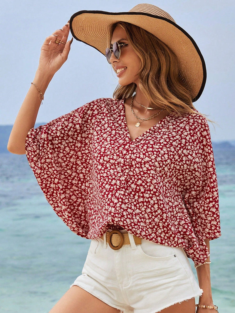 Frenchy Blusa Veraniega De Mangas Murcielago Con Estampado Floral Boho Chic, Cuello En V, Elegante Y Romantica, Ideal Para Vacaciones De Verano, Linda Camisa, Cubierta De Trajes De Bano