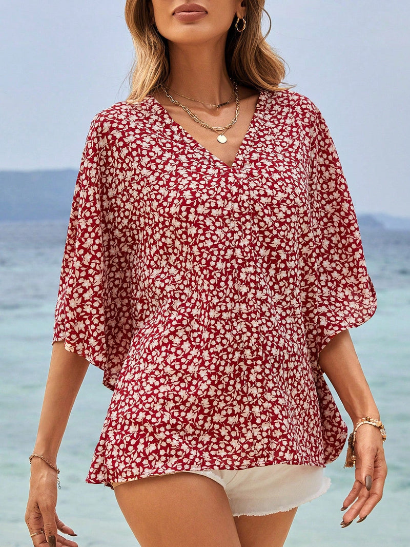 Frenchy Blusa Veraniega De Mangas Murcielago Con Estampado Floral Boho Chic, Cuello En V, Elegante Y Romantica, Ideal Para Vacaciones De Verano, Linda Camisa, Cubierta De Trajes De Bano