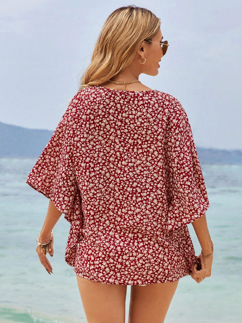 Frenchy Blusa Veraniega De Mangas Murcielago Con Estampado Floral Boho Chic, Cuello En V, Elegante Y Romantica, Ideal Para Vacaciones De Verano, Linda Camisa, Cubierta De Trajes De Bano