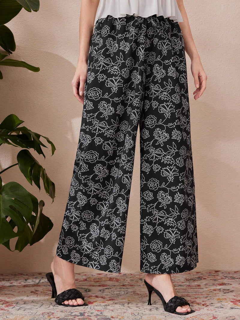 Mulvari Pantalones Amplios De Pierna Ancha Para Mujer Con Estampado Floral De Cuerpo Completo