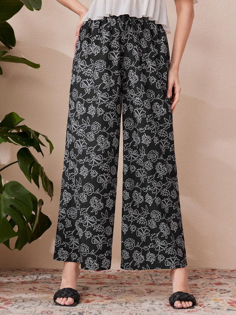 Mulvari Pantalones Amplios De Pierna Ancha Para Mujer Con Estampado Floral De Cuerpo Completo