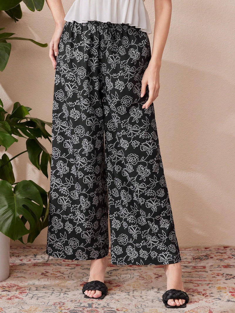 Mulvari Pantalones Amplios De Pierna Ancha Para Mujer Con Estampado Floral De Cuerpo Completo