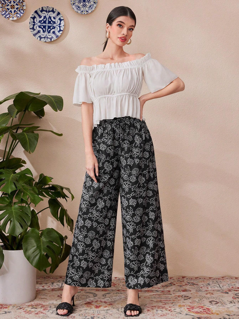 Mulvari Pantalones Amplios De Pierna Ancha Para Mujer Con Estampado Floral De Cuerpo Completo