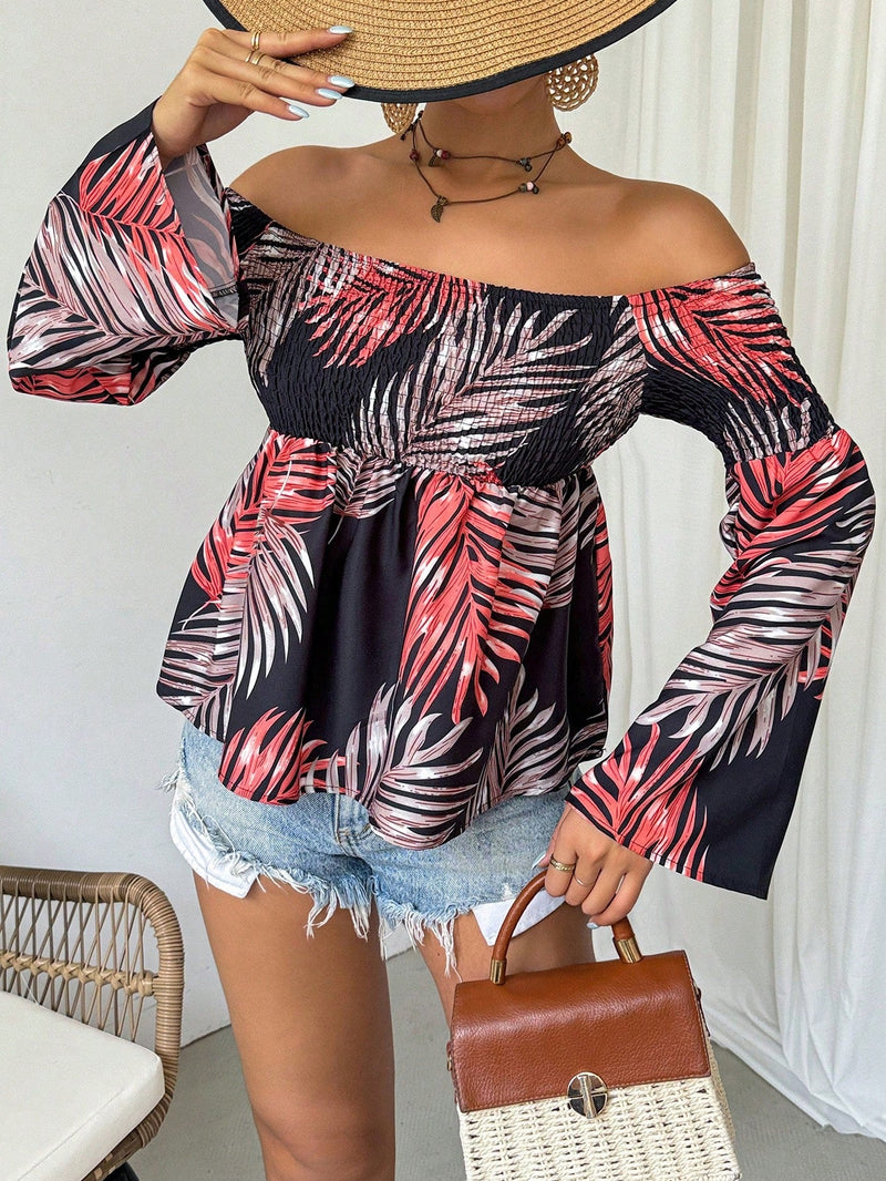 VCAY Blusa Estilo Vacacional Con Cuello Descubierto Y Fruncido