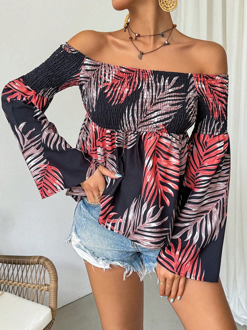 VCAY Blusa Estilo Vacacional Con Cuello Descubierto Y Fruncido