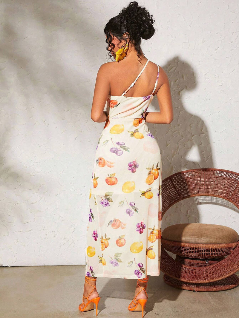 TRVLCHIC Vestido Estampado De Frutas De Estilo De Resort Con Escote Asimétrico Y Alto Corte Lateral