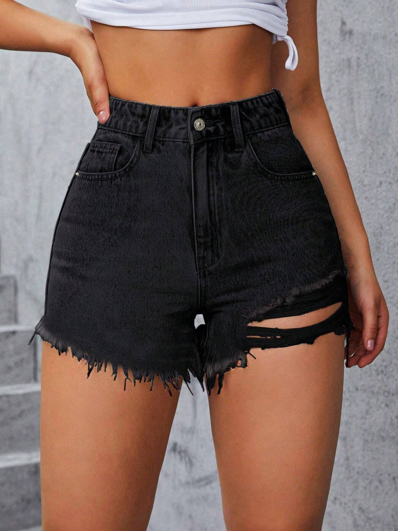 Prive Shorts De Mezclilla Con Borde Deshilachado Y Desgastado