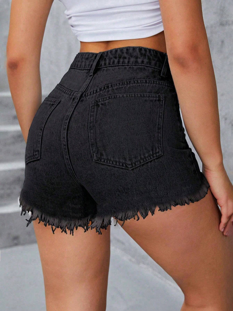 Prive Shorts De Mezclilla Con Borde Deshilachado Y Desgastado