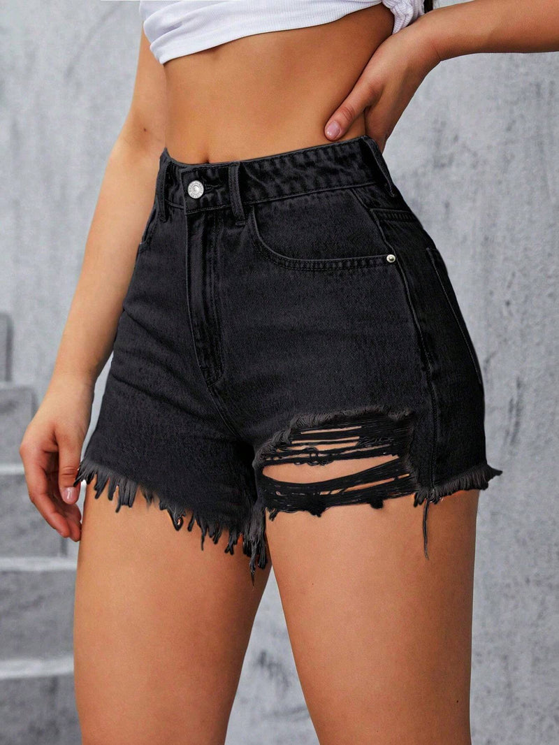 Prive Shorts De Mezclilla Con Borde Deshilachado Y Desgastado