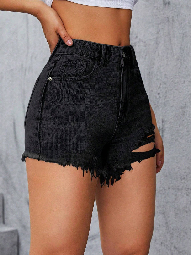 Prive Shorts De Mezclilla Con Borde Deshilachado Y Desgastado