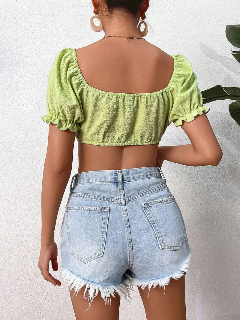 VCAY Camisa Recortada Verde De Textura Fabricada Con Lazo Frontal Y Mangas Abullonadas Sexys