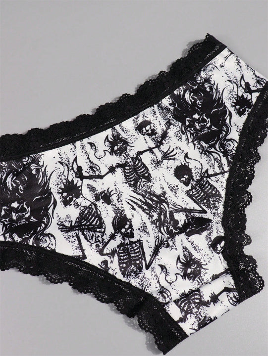 4 Piezas Bragas Goticas Con Contraste De Encaje, Impresion De Calaveras, Hongos Y Cabras Para Las Intimas De Halloween, Lenceria Y Ropa Interior Para Mujeres