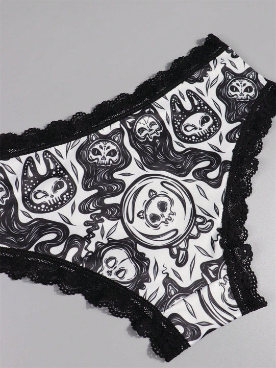 4 Piezas Bragas Goticas Con Contraste De Encaje, Impresion De Calaveras, Hongos Y Cabras Para Las Intimas De Halloween, Lenceria Y Ropa Interior Para Mujeres