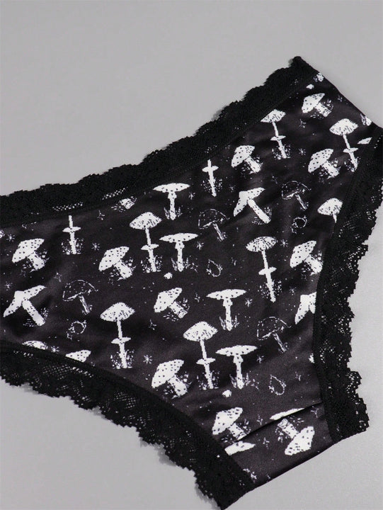 4 Piezas Bragas Goticas Con Contraste De Encaje, Impresion De Calaveras, Hongos Y Cabras Para Las Intimas De Halloween, Lenceria Y Ropa Interior Para Mujeres