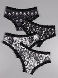 4 Piezas Bragas Goticas Con Contraste De Encaje, Impresion De Calaveras, Hongos Y Cabras Para Las Intimas De Halloween, Lenceria Y Ropa Interior Para Mujeres