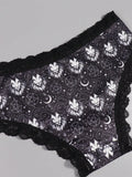 4 Piezas Bragas Goticas Con Contraste De Encaje, Impresion De Calaveras, Hongos Y Cabras Para Las Intimas De Halloween, Lenceria Y Ropa Interior Para Mujeres