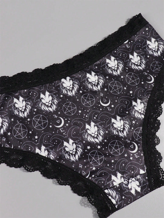 4 Piezas Bragas Goticas Con Contraste De Encaje, Impresion De Calaveras, Hongos Y Cabras Para Las Intimas De Halloween, Lenceria Y Ropa Interior Para Mujeres