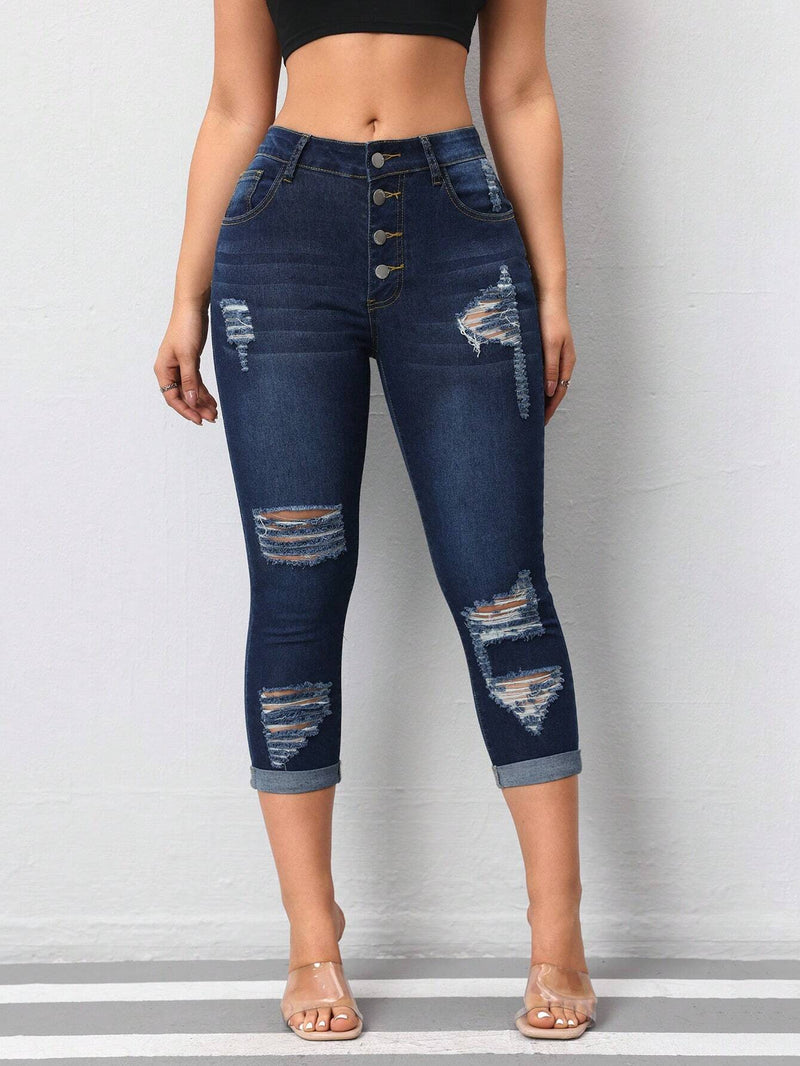 Jeans De Mezclilla Desgastados Para Mujer Ajustados Al Cuerpo