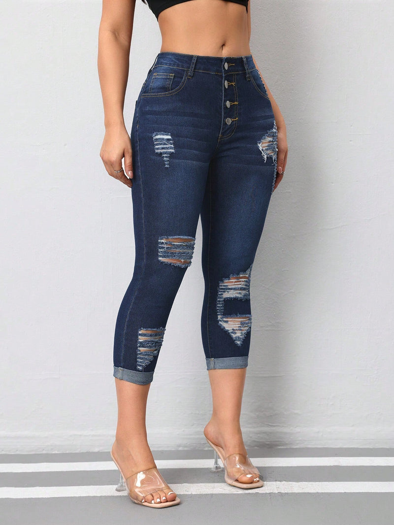 Jeans De Mezclilla Desgastados Para Mujer Ajustados Al Cuerpo