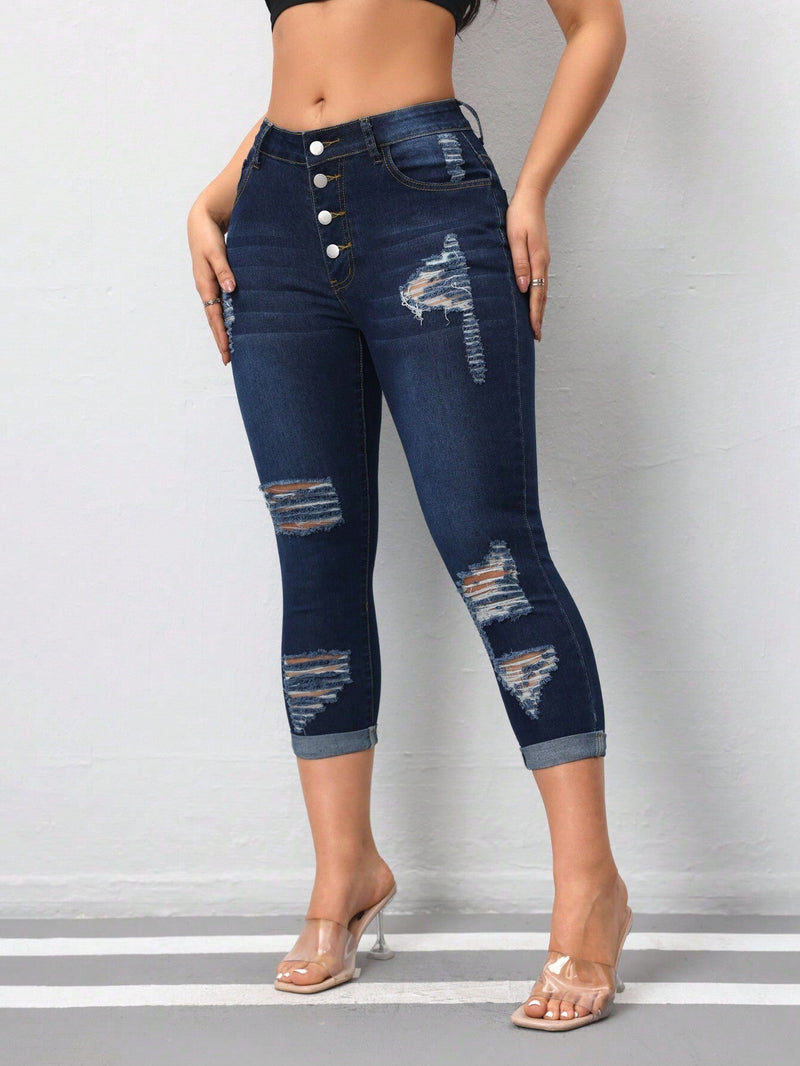 Jeans De Mezclilla Desgastados Para Mujer Ajustados Al Cuerpo