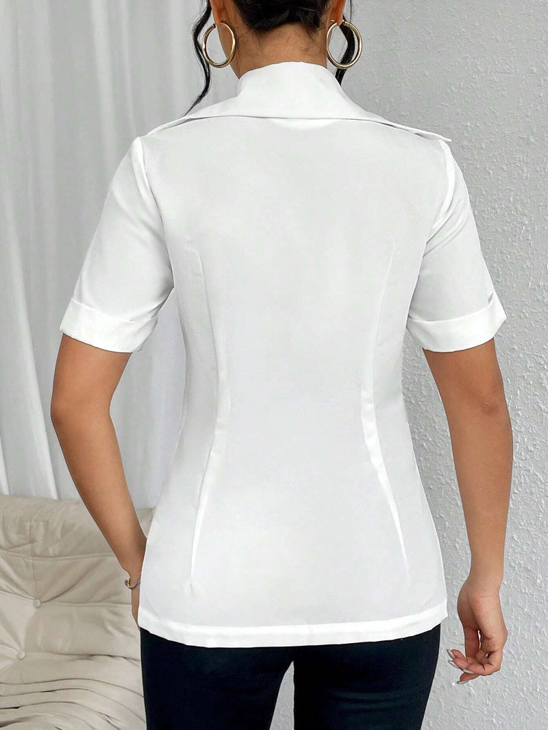 Camisa Con Cuello De Solapa Con Botones Delanteros, Cintura Fruncida