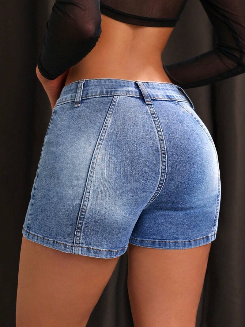 ICON Shorts De Mezclilla Ajustados Para Mujer Con Bolsillos Diagonales